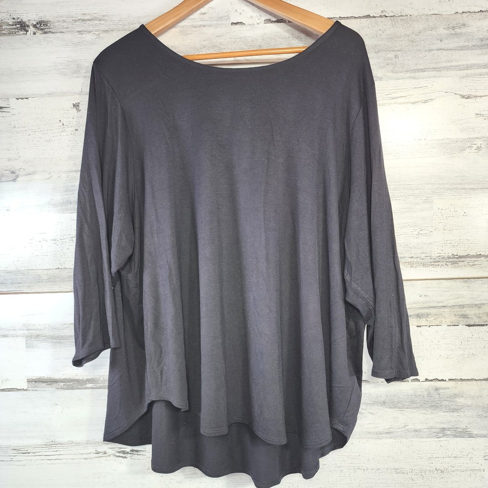 Philosophy Woman Top Womens 3X Black 3/4 Sleeve Pleated Back High Low Hem NWT
